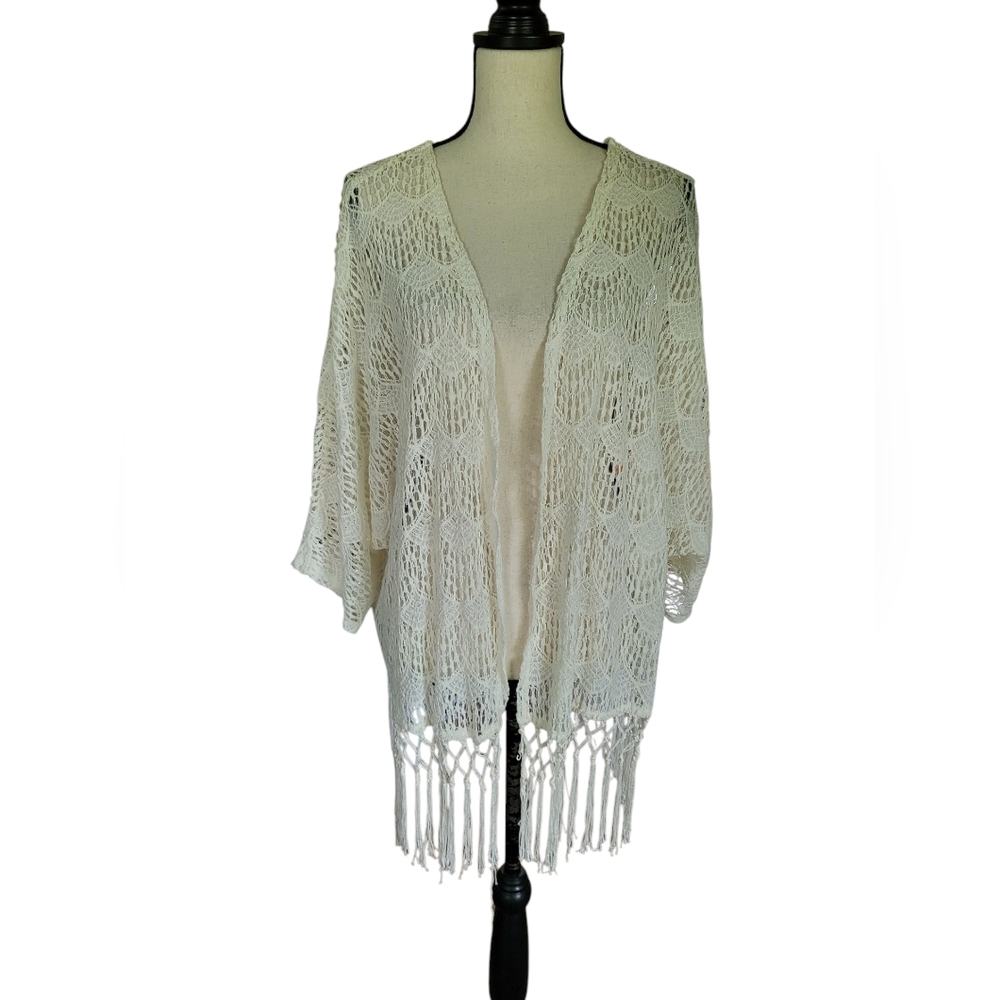 Eyeshado Boho White Crochet Fringe Kimono Size 3x